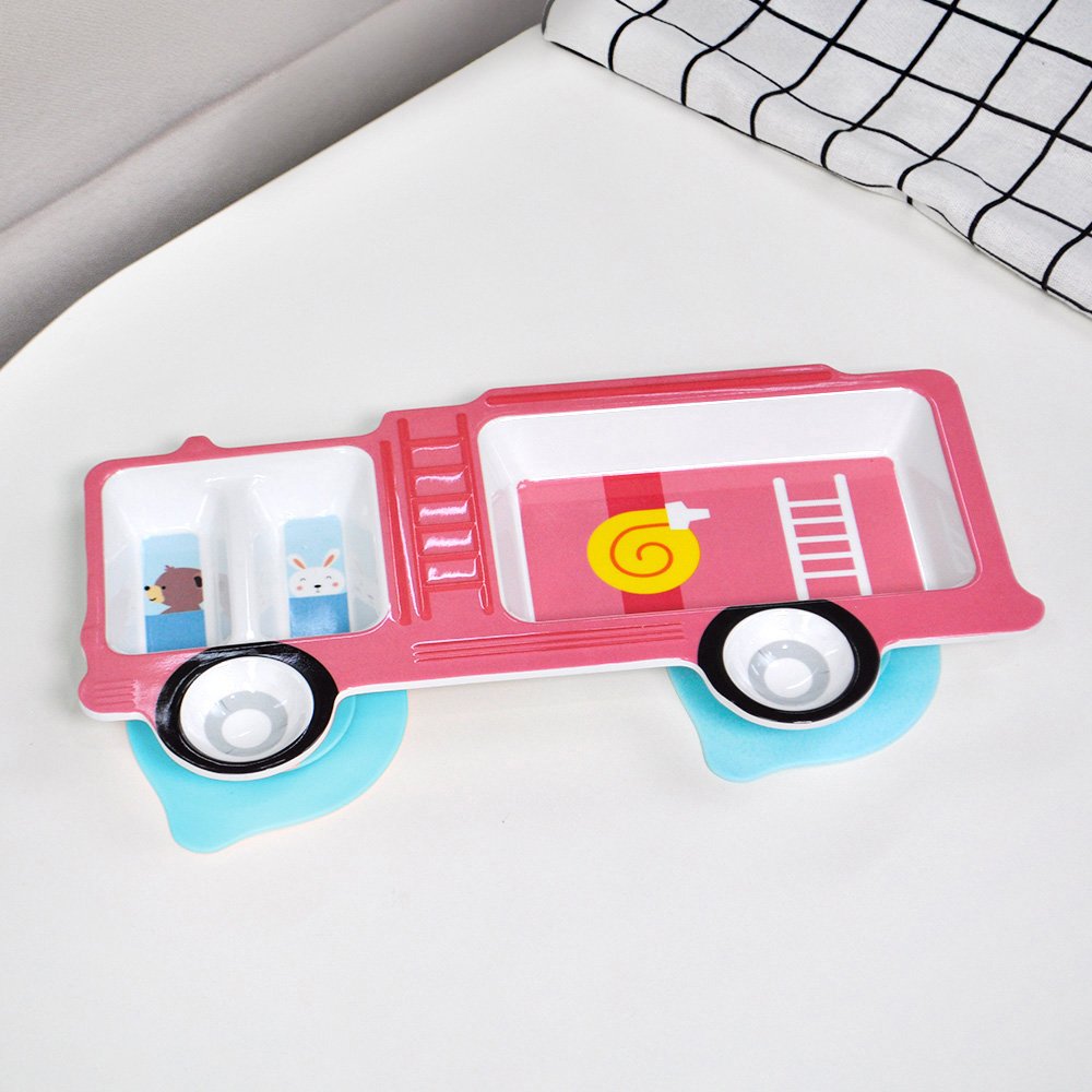 키친유 키즈부릉 소방차 멜라민 유아 간식 식판 흡착판 세트 자기주도 이유식 아기 3구 그릇 상세 이미지 1