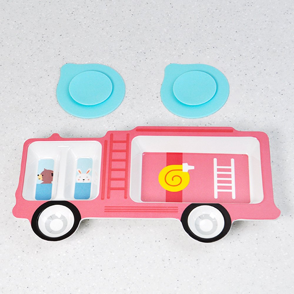 키친유 키즈부릉 소방차 멜라민 유아 간식 식판 흡착판 세트 자기주도 이유식 아기 3구 그릇 상세 이미지 2